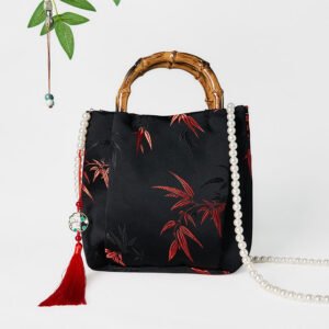 Polyester Cotton Embroidery Leaves Bamboo Handle Pearl Crossbody Bag Hangbags